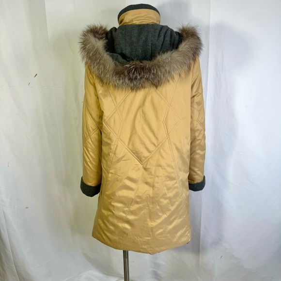 FEMINELLA BROWN PARKA COAT LONG WINTER TAN COAT FUR TRIM ON HOODIE SIZE SMALL - Picture 4 of 13